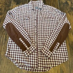 Saks Fifth Ave Plaid Button Down W/ corduroy sleeve patch Size XL